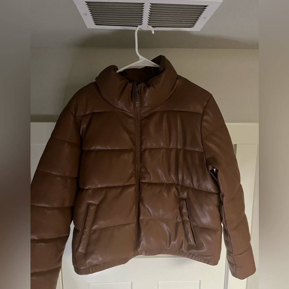 Brown leather Puffer Jacket
